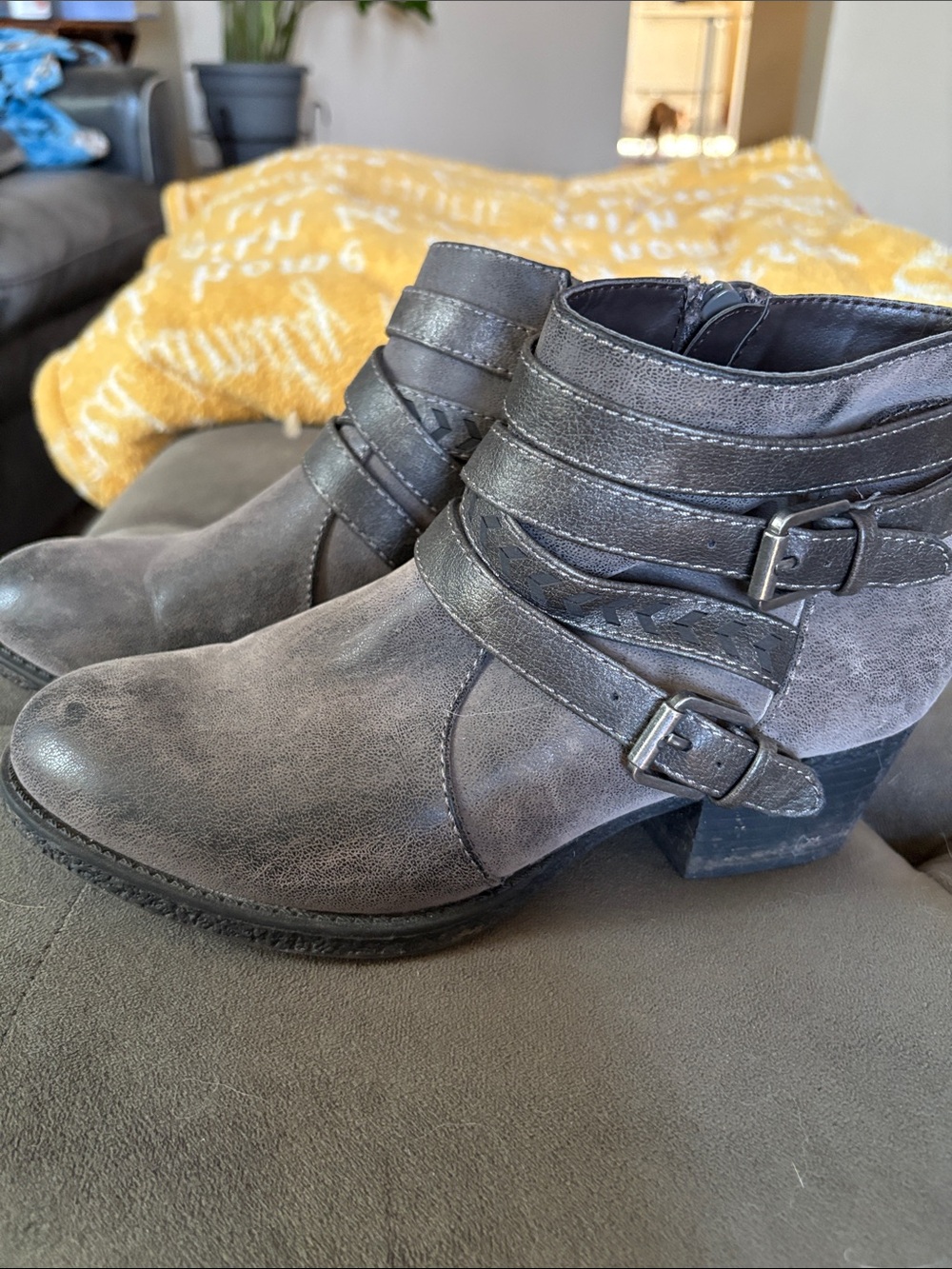 Sonoma Gray Suede-Look Ankle Boots with Buckle Straps